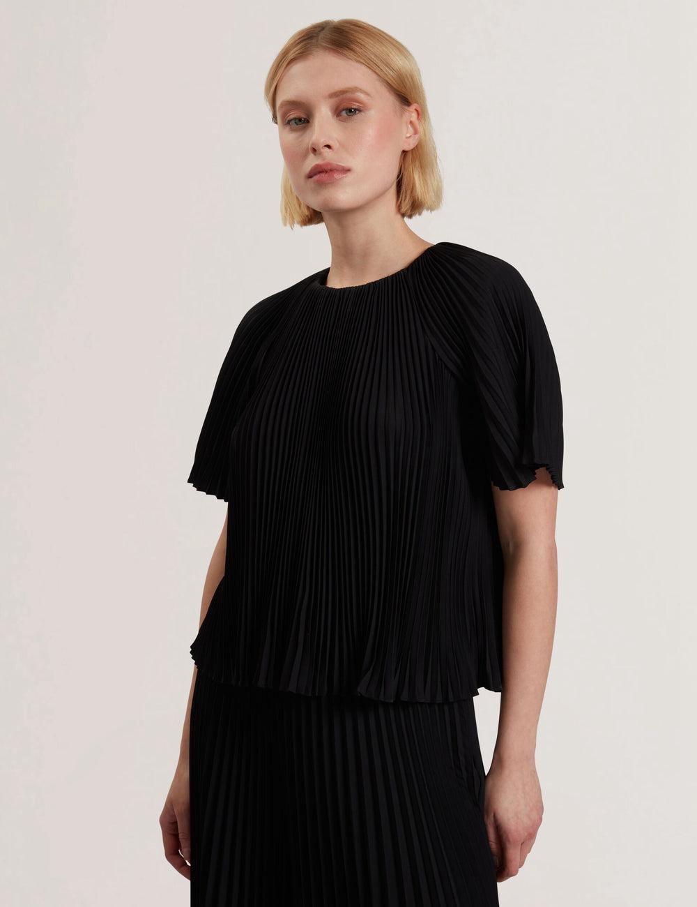 Black Ted Baker AGARA - Pleated Short Sleeve Woven Women Blouses | Ireland  3917-JQFMW