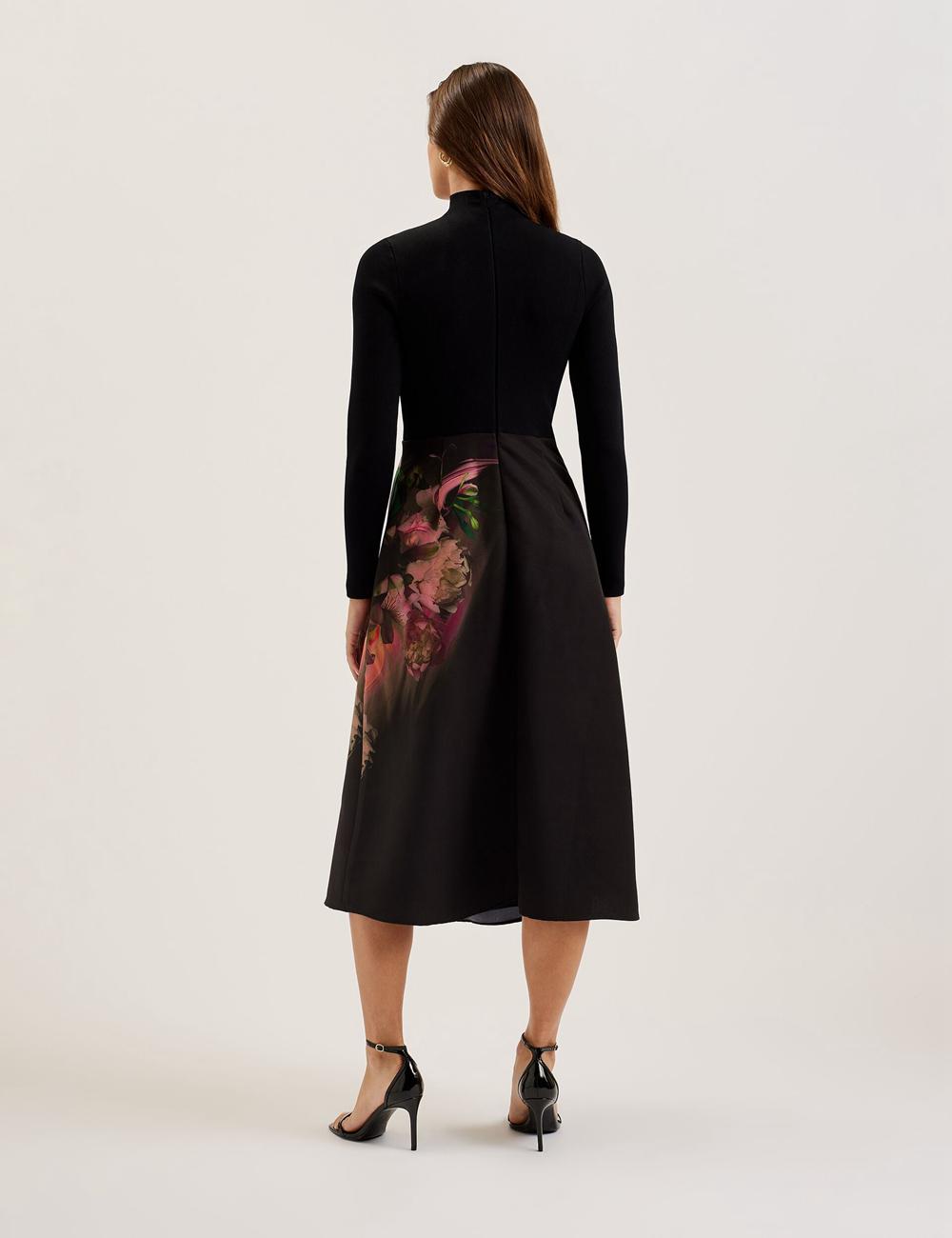 Black Ted Baker ASNES - Knit Bodice With Printed Skirt Women Midi Dresses | Ireland  7604-FPEVY
