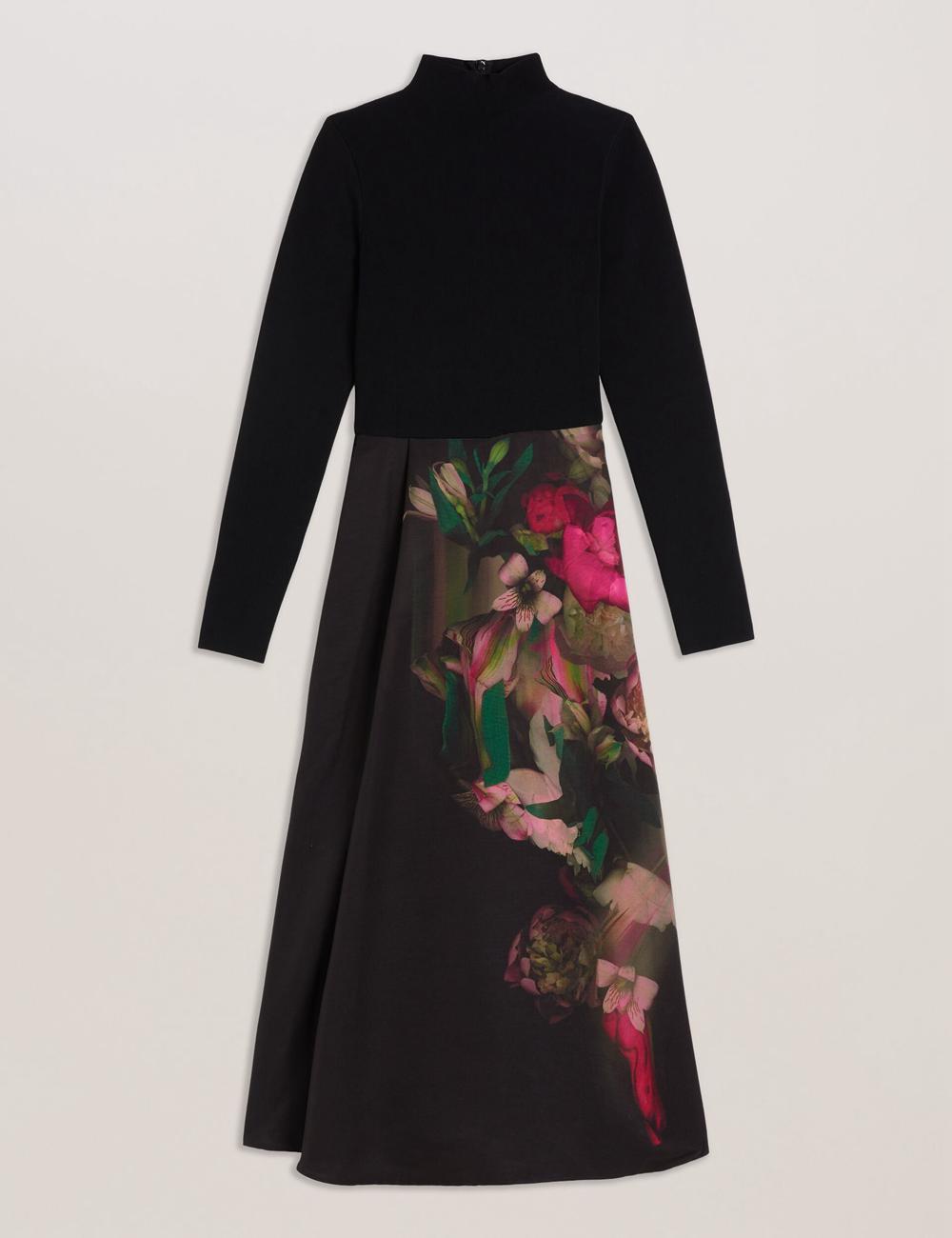Black Ted Baker ASNES - Knit Bodice With Printed Skirt Women Midi Dresses | Ireland  7604-FPEVY
