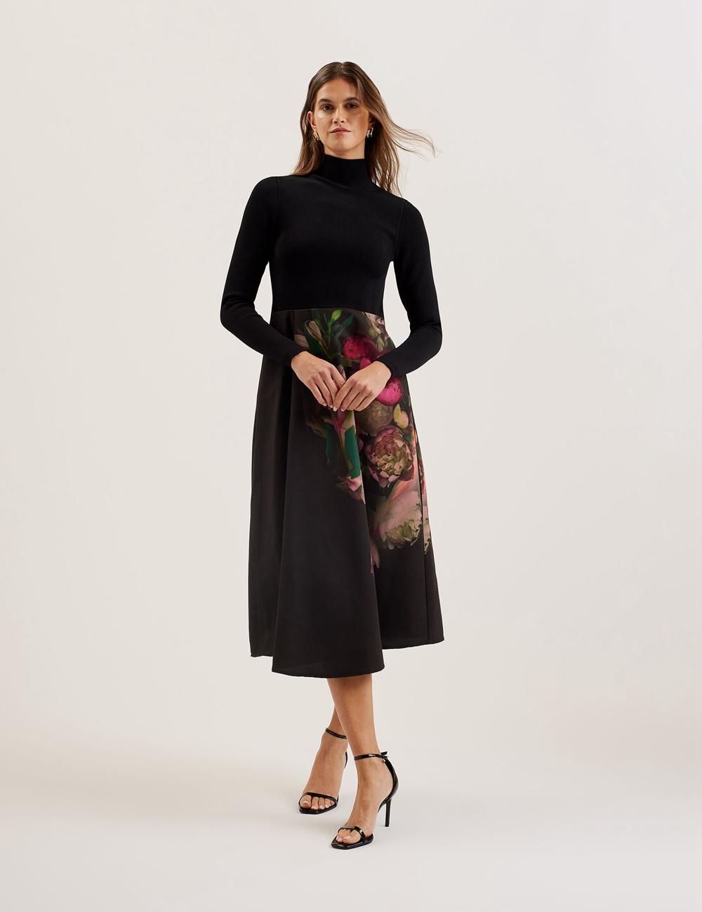 Black Ted Baker ASNES - Knit Bodice With Printed Skirt Women Midi Dresses | Ireland  7604-FPEVY