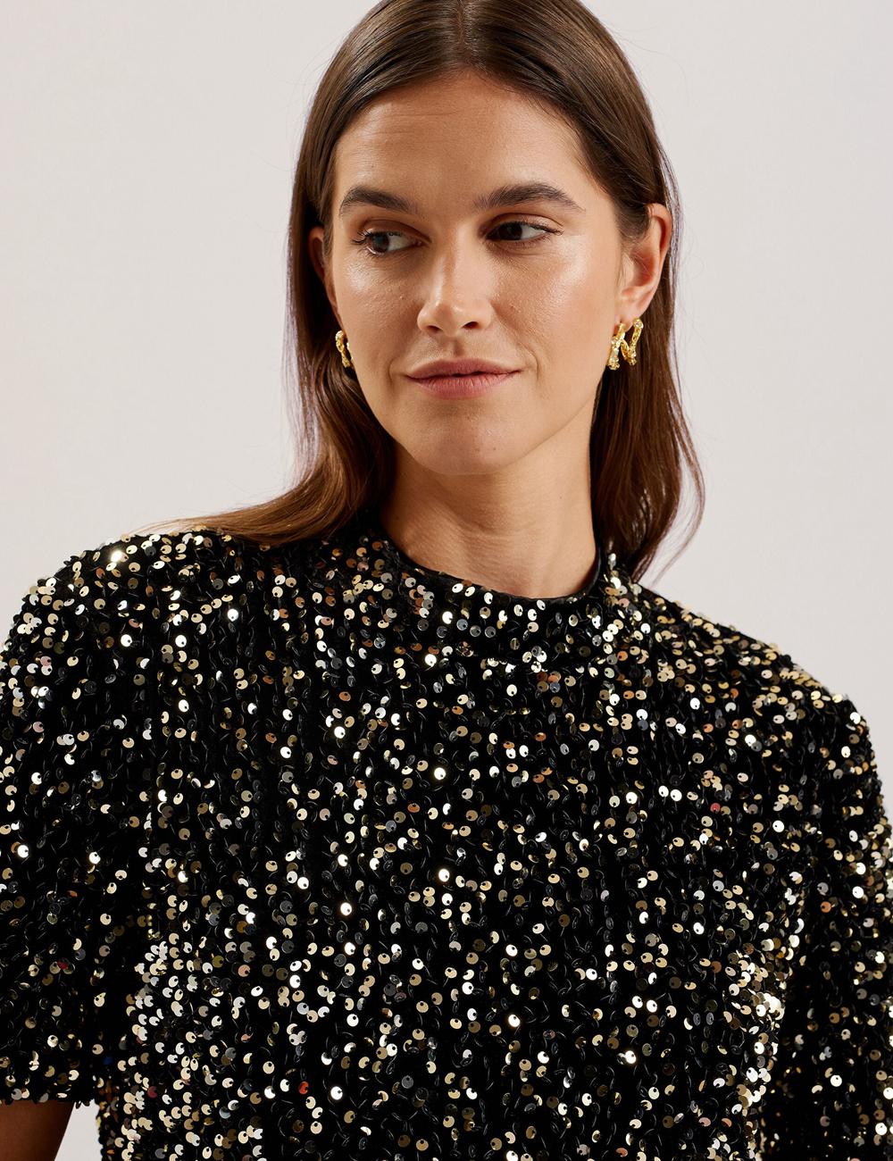 Black Ted Baker AUDRIYY - Sequin Embellished Velvet Shift Women Mini Dresses | Ireland  5483-XVIYC