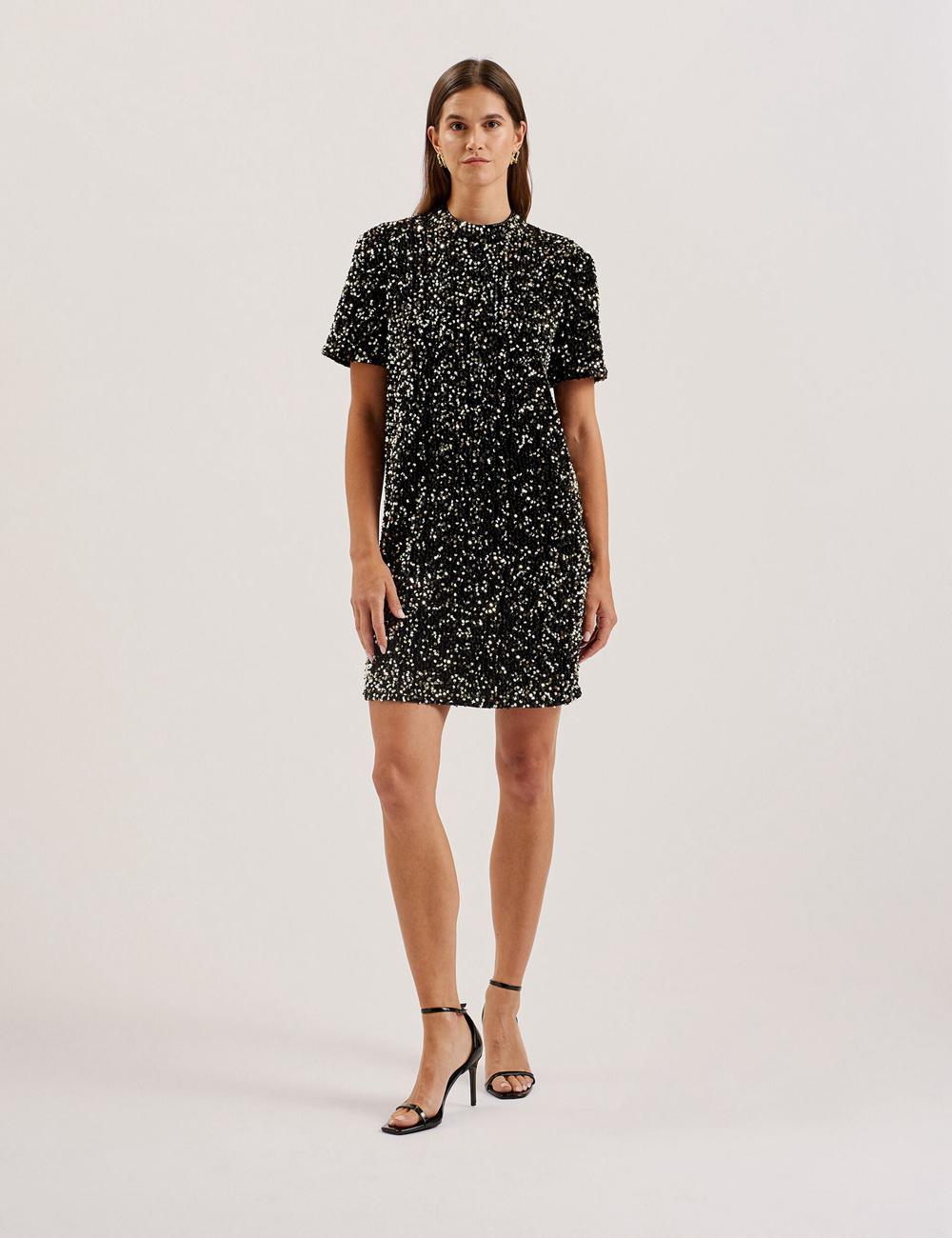Black Ted Baker AUDRIYY - Sequin Embellished Velvet Shift Women Mini Dresses | Ireland  5483-XVIYC
