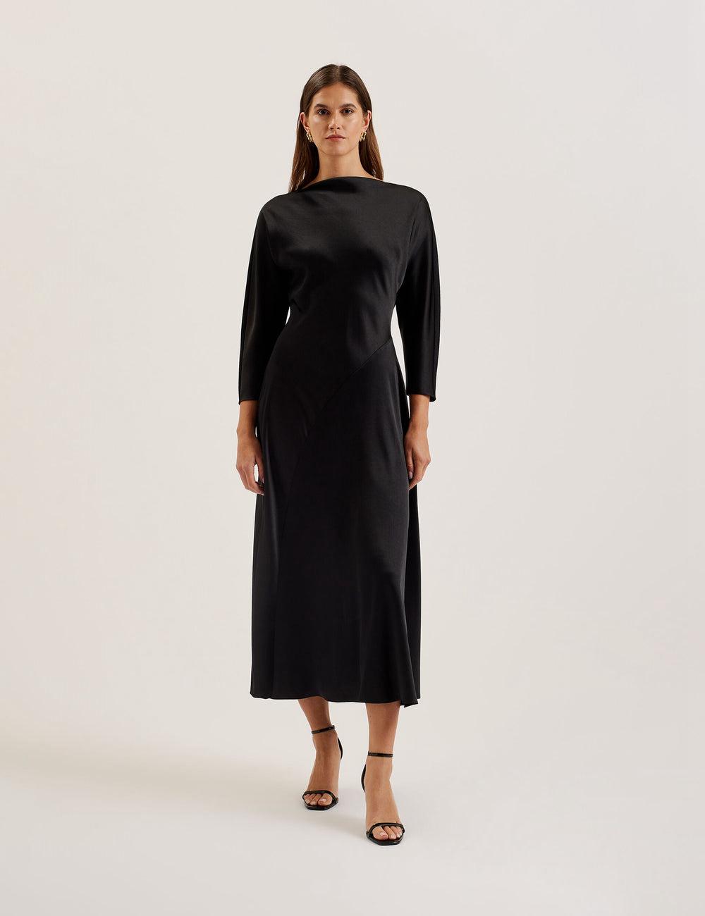 Black Ted Baker AVELLI - Satin Boat Neck A-Line Women Midi Dresses | Ireland  7316-VZPEN