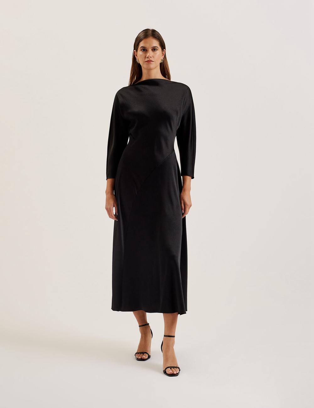 Black Ted Baker AVELLI - Satin Boat Neck A-Line Women Midi Dresses | Ireland  7316-VZPEN