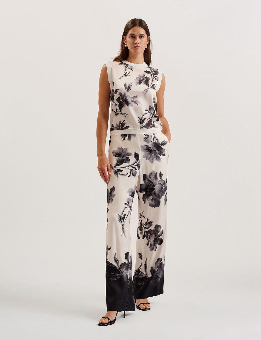 Black Ted Baker AWYNA - Floral Print Pull-On Wide Leg Women Trousers | Ireland  8549-ERNUG