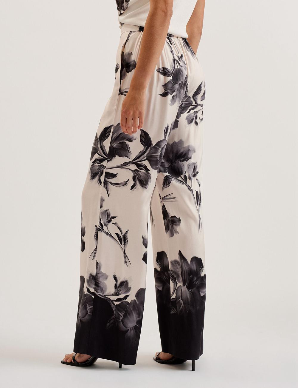 Black Ted Baker AWYNA - Floral Print Pull-On Wide Leg Women Trousers | Ireland  8549-ERNUG