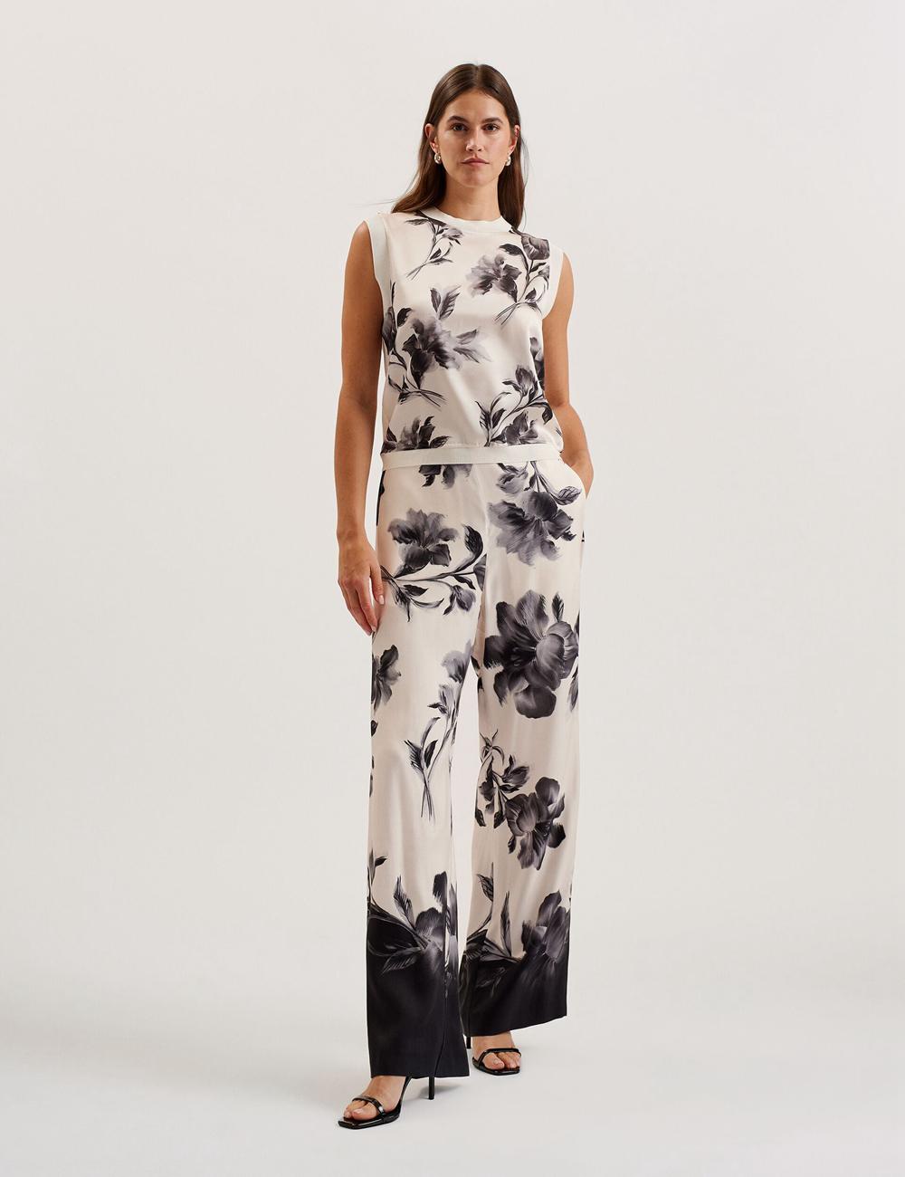 Black Ted Baker AWYNA - Floral Print Pull-On Wide Leg Women Trousers | Ireland  8549-ERNUG