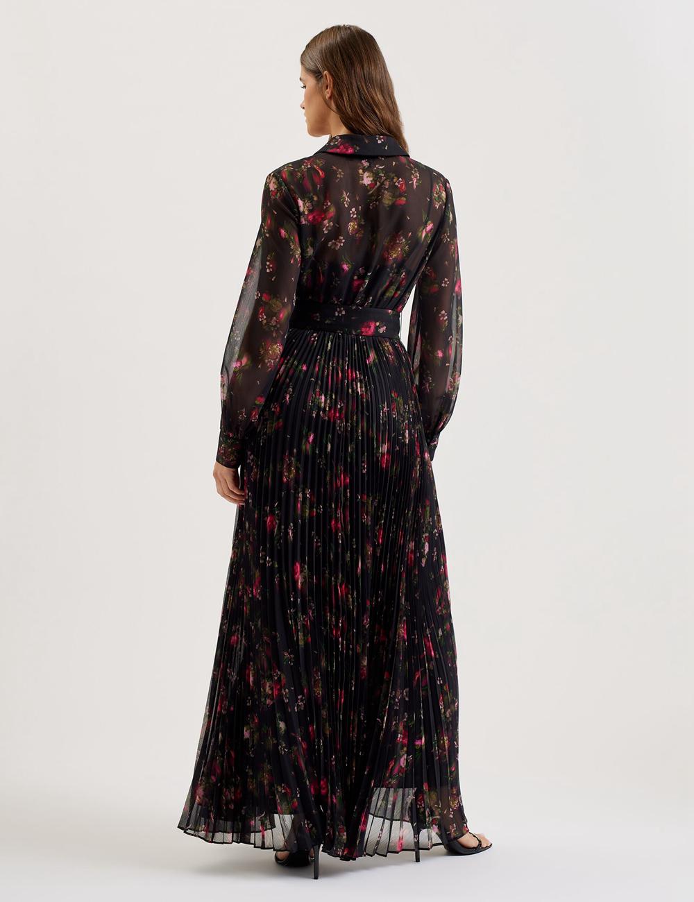 Black Ted Baker CEIBA - Floral Print Pleated Maxi Shirt Women Maxi Dresses | Ireland  4817-ECPVS