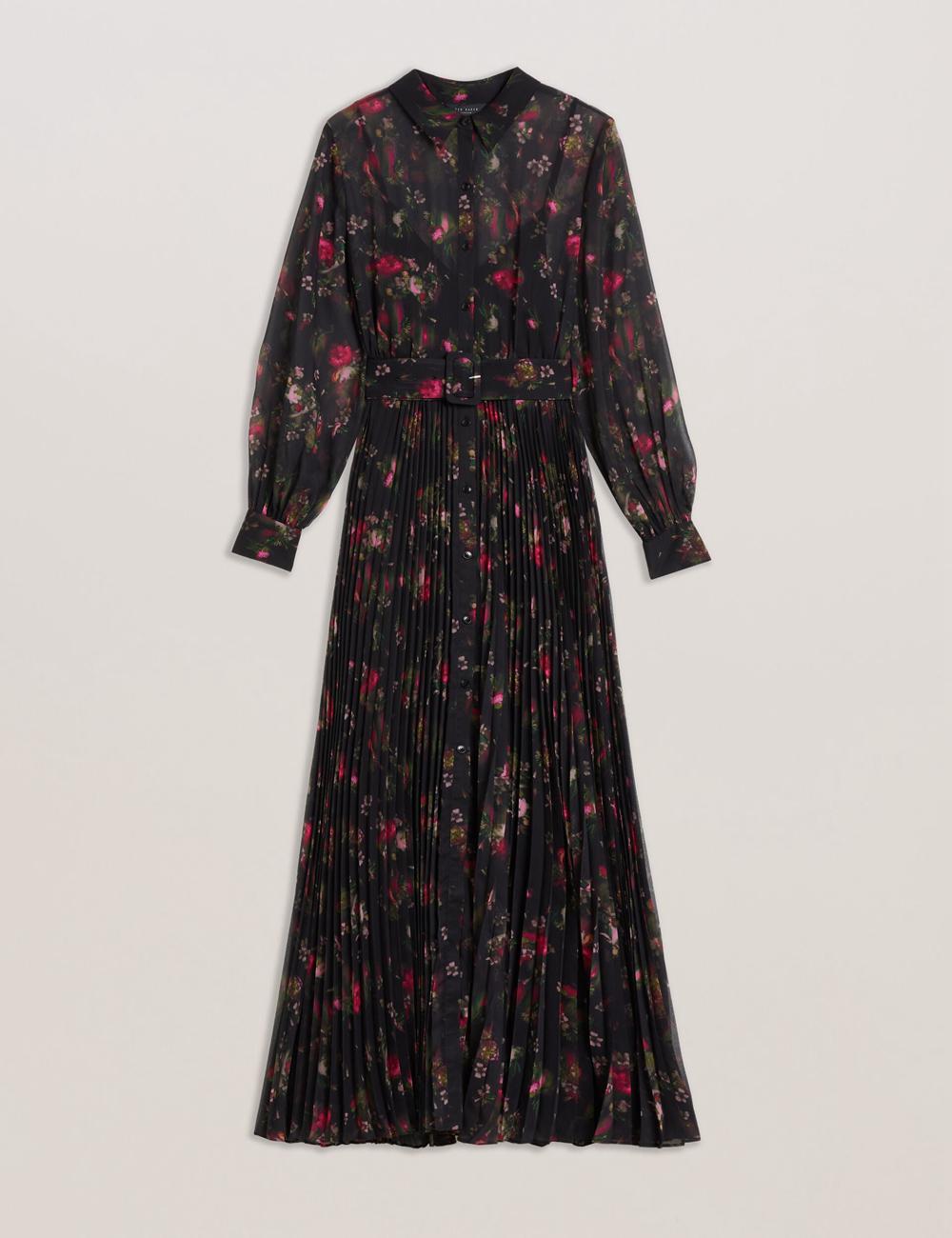 Black Ted Baker CEIBA - Floral Print Pleated Maxi Shirt Women Maxi Dresses | Ireland  4817-ECPVS
