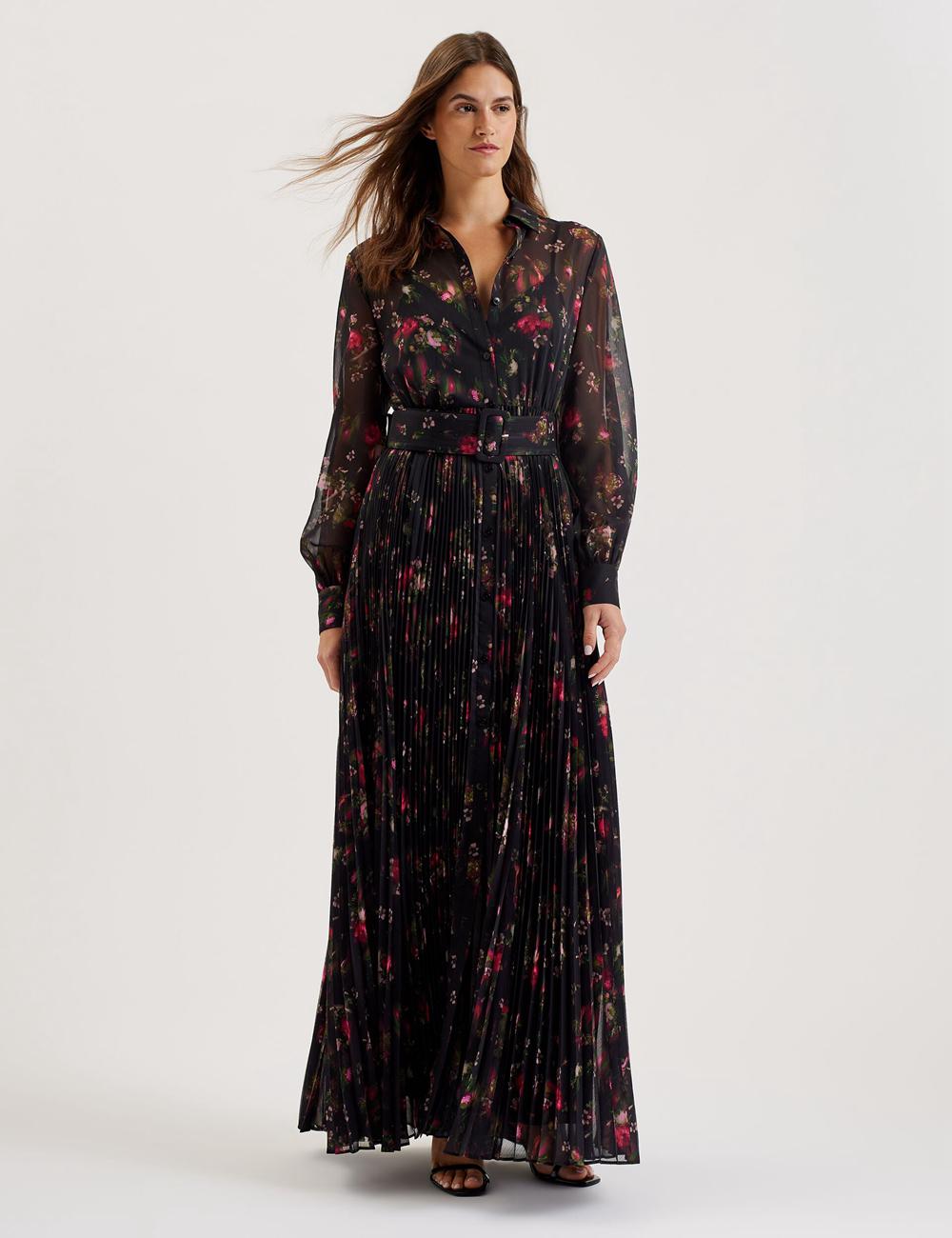 Black Ted Baker CEIBA - Floral Print Pleated Maxi Shirt Women Maxi Dresses | Ireland  4817-ECPVS