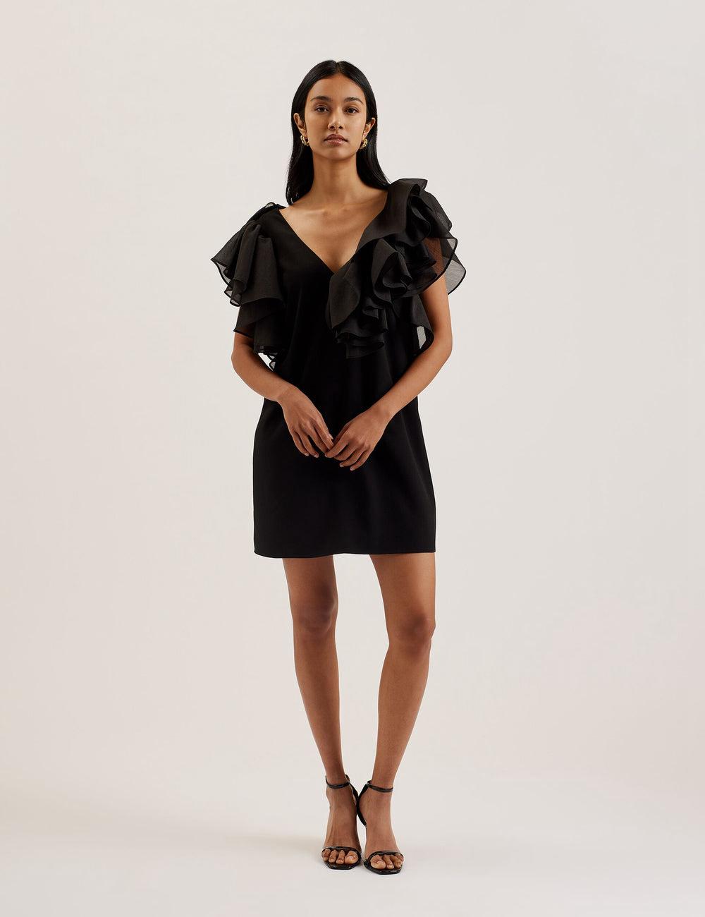 Black Ted Baker ELQUI - Oversized Ruffle Trim V-Neck Women Mini Dresses | Ireland  2419-ZTJDG