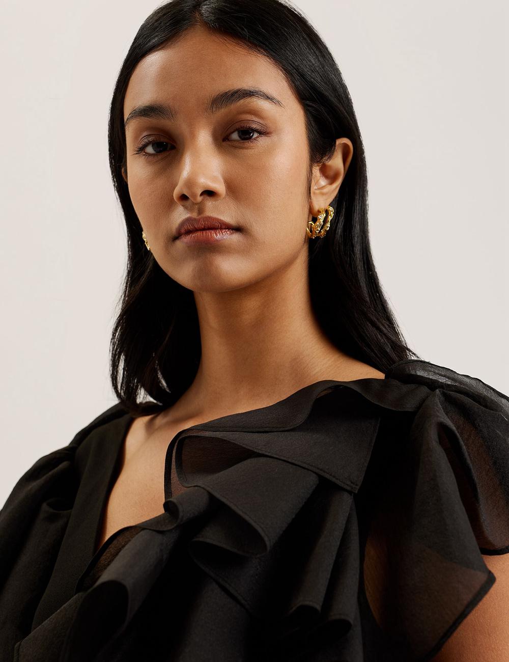 Black Ted Baker ELQUI - Oversized Ruffle Trim V-Neck Women Mini Dresses | Ireland  2419-ZTJDG
