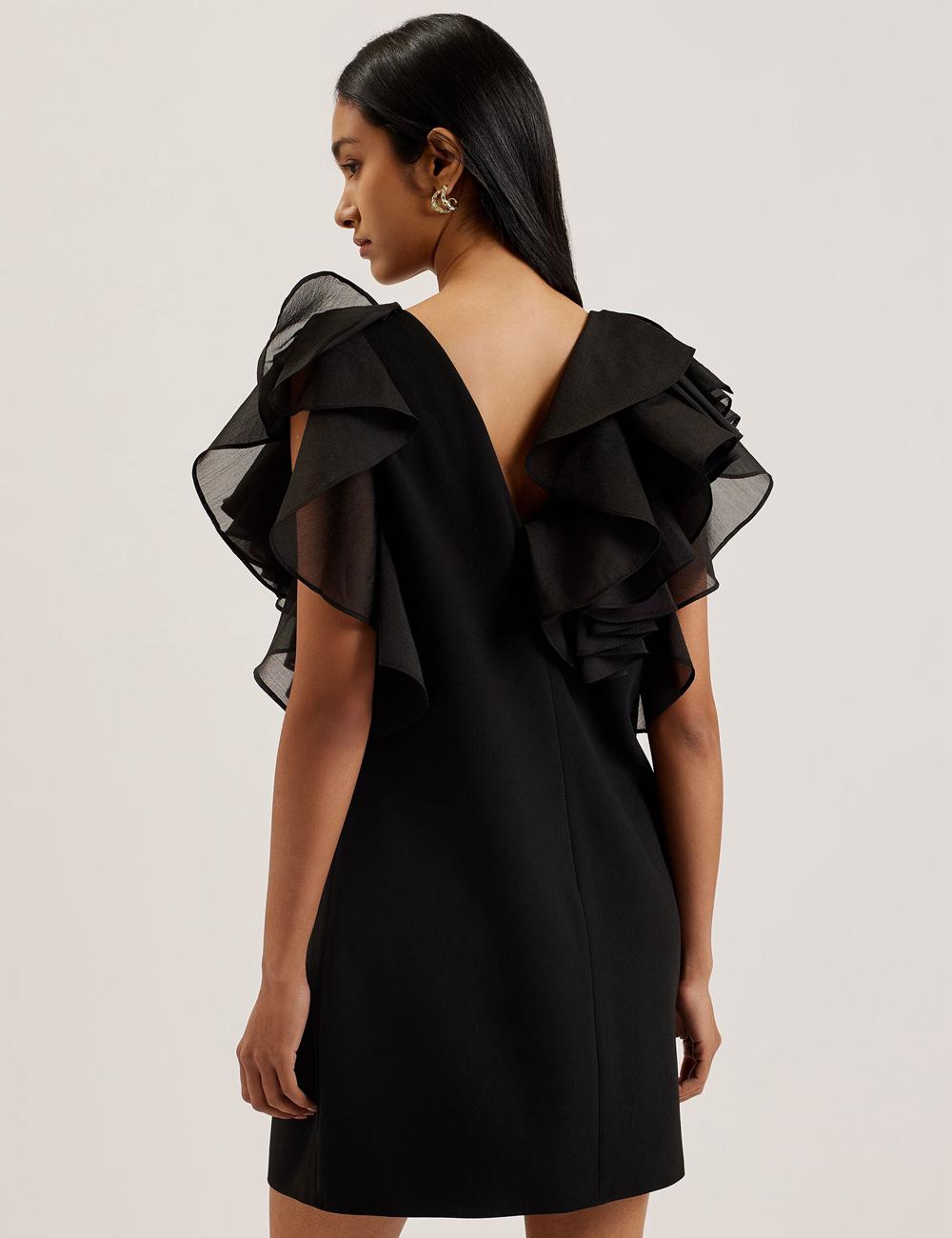 Black Ted Baker ELQUI - Oversized Ruffle Trim V-Neck Women Mini Dresses | Ireland  2419-ZTJDG