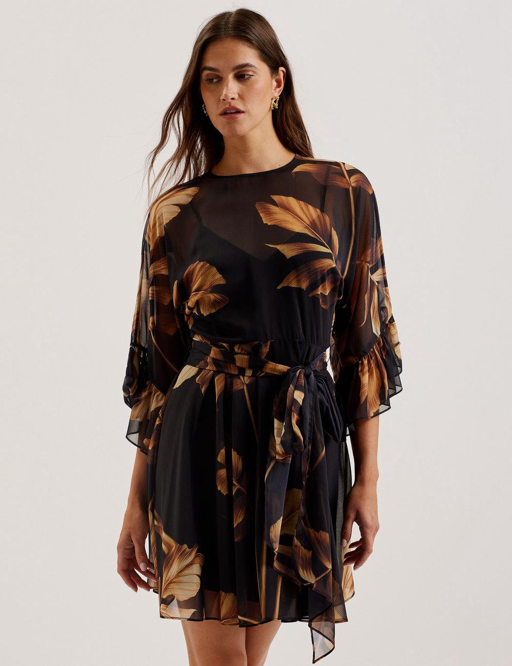 Black Ted Baker ELSTER - Printed Chiffon With Waist Women Mini Dresses | Ireland  5684-SJDCY