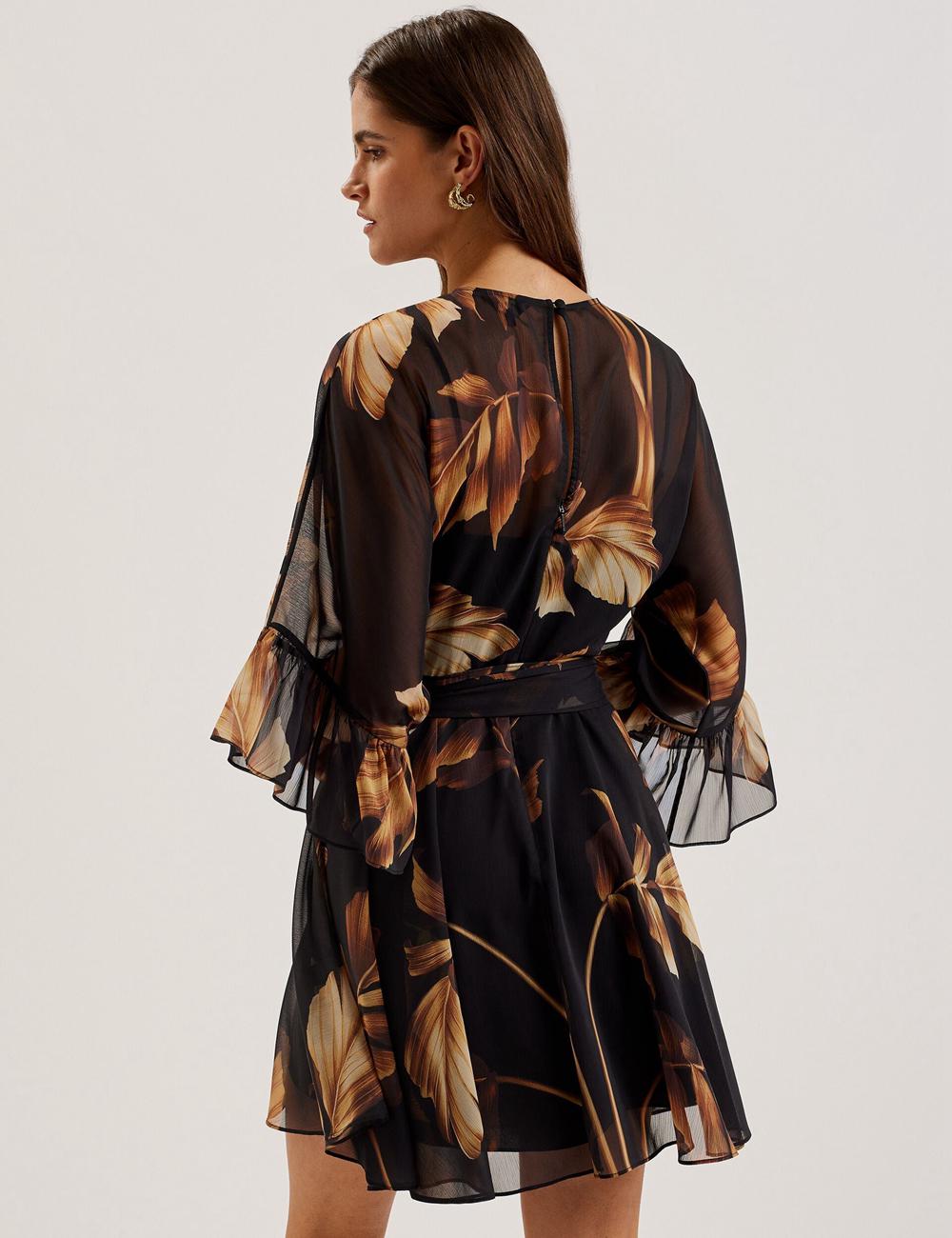 Black Ted Baker ELSTER - Printed Chiffon With Waist Women Mini Dresses | Ireland  5684-SJDCY