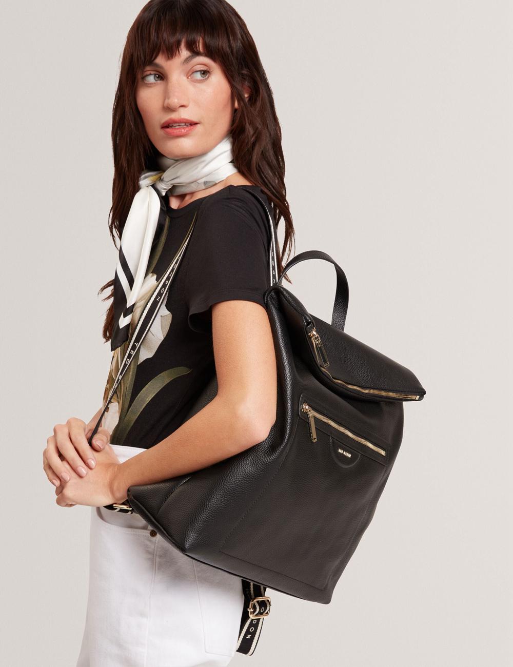 Black Ted Baker ESSAYA - Leather Webbing Strap Fold Over Women Backpacks | Ireland  3650-LNSVW