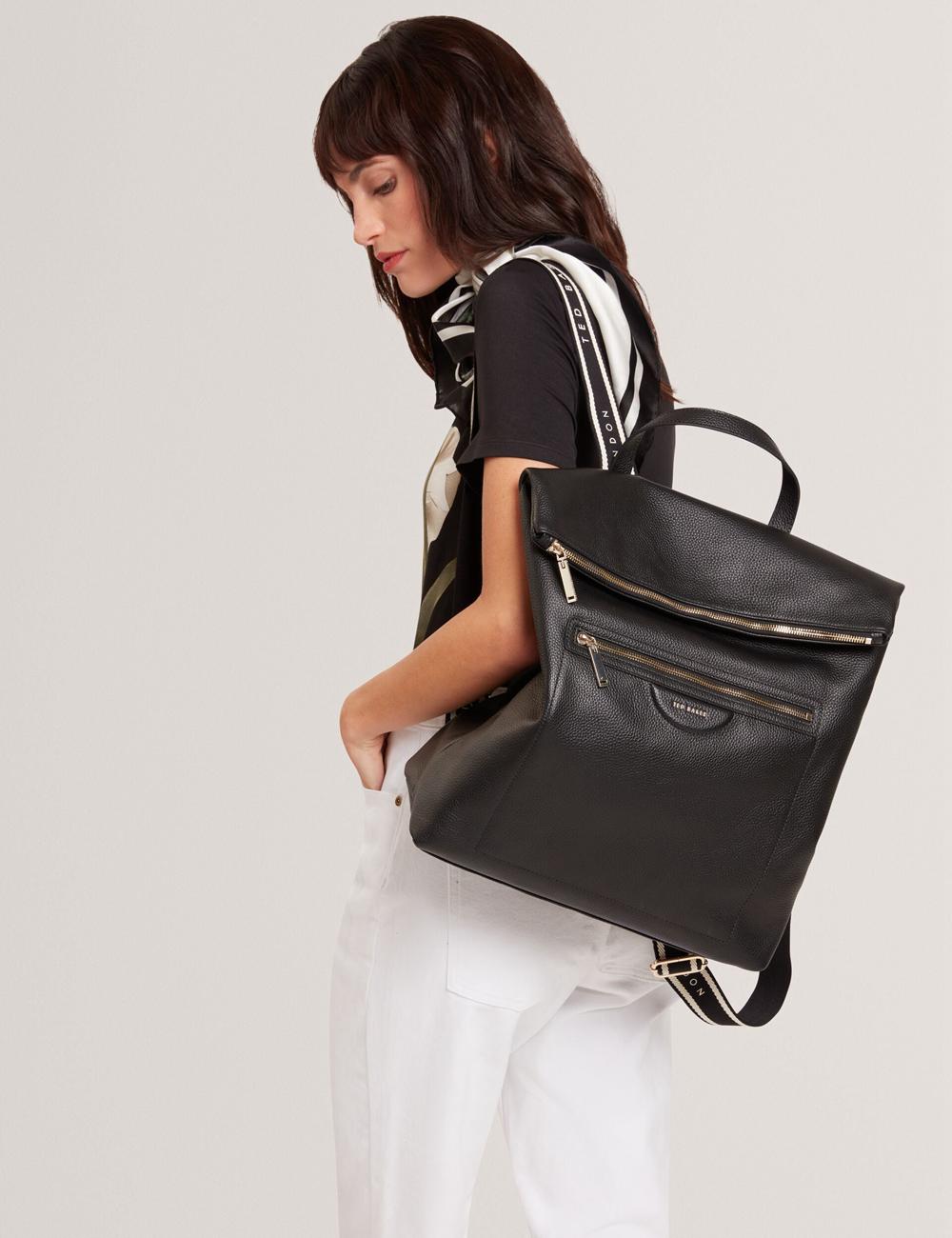 Black Ted Baker ESSAYA - Leather Webbing Strap Fold Over Women Backpacks | Ireland  3650-LNSVW