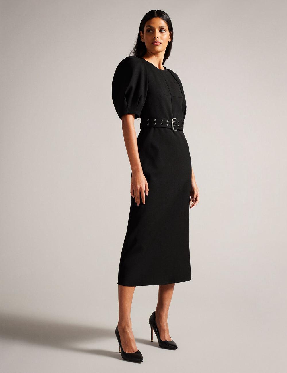 Black Ted Baker GABYELA - Structured Puff Sleeve With Belt Women Midi Dresses | Ireland  7394-RULSG