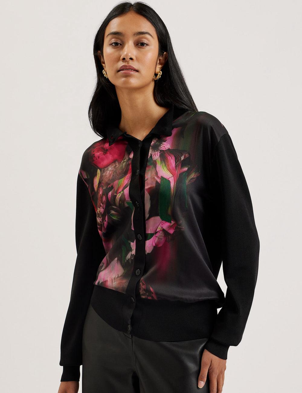 Black Ted Baker GEMHAA - Printed Panel Long Sleeve Women Cardigans | Ireland  7290-ZOPFU