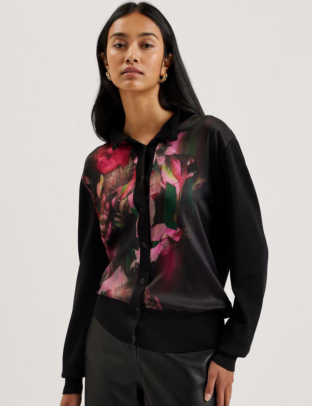 Black Ted Baker GEMHAA - Printed Panel Long Sleeve Women Cardigans | Ireland  7290-ZOPFU