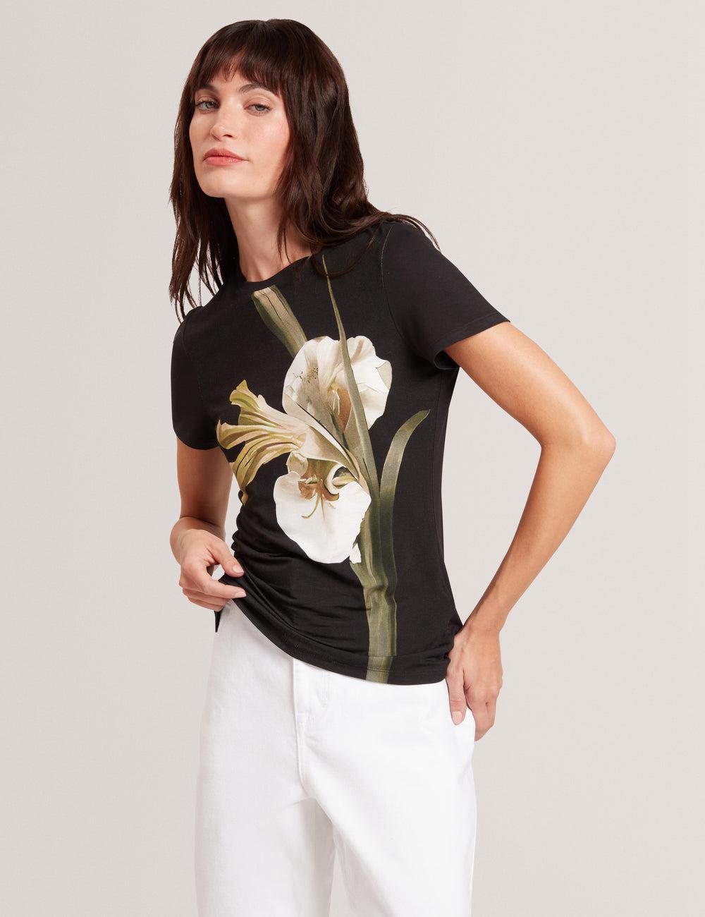 Black Ted Baker GORGAA - Floral Graphic Fitted Short Sleeve Women T-Shirts | Ireland  1472-EUGIN