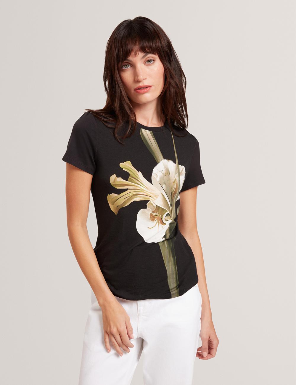 Black Ted Baker GORGAA - Floral Graphic Fitted Short Sleeve Women T-Shirts | Ireland  1472-EUGIN