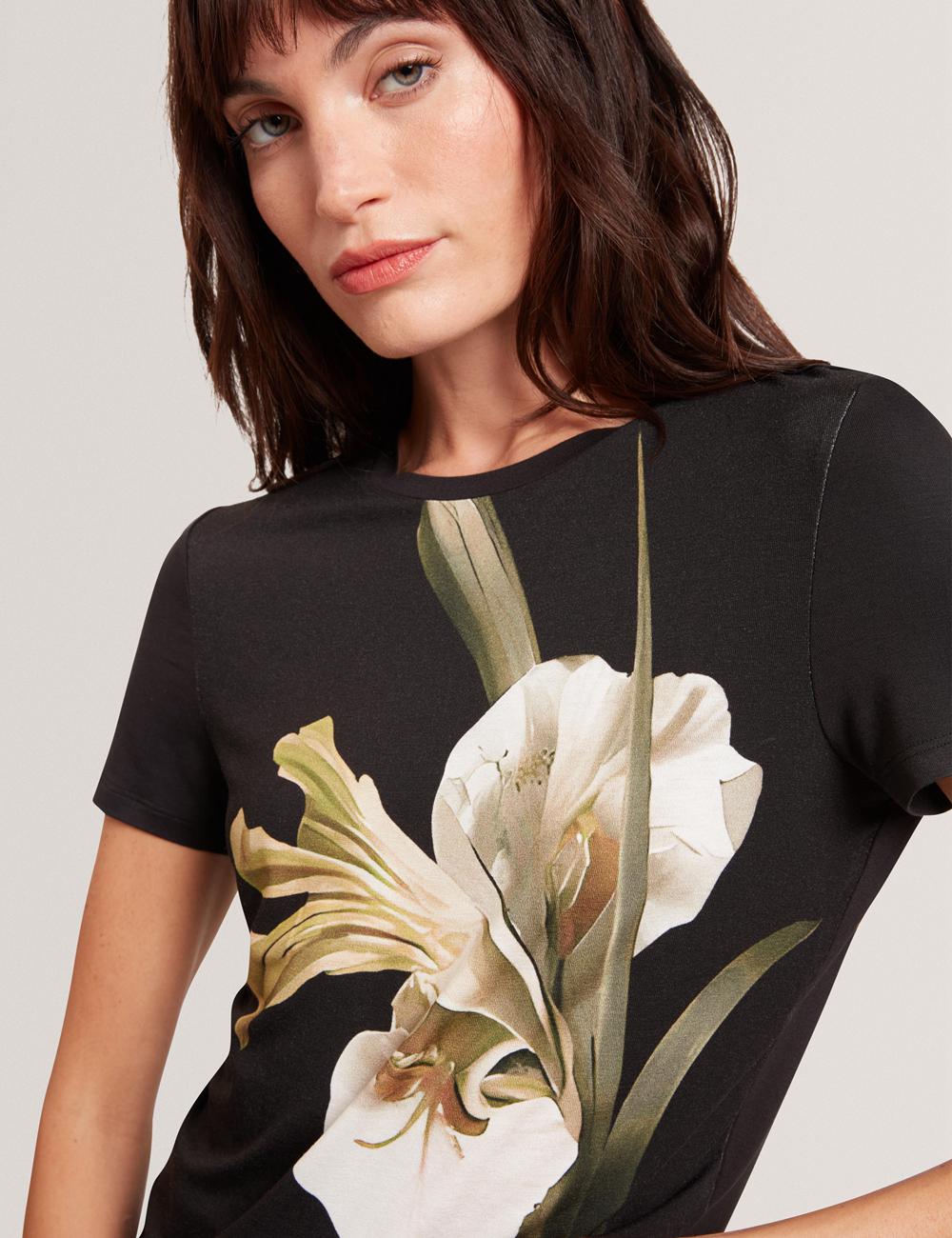 Black Ted Baker GORGAA - Floral Graphic Fitted Short Sleeve Women T-Shirts | Ireland  1472-EUGIN