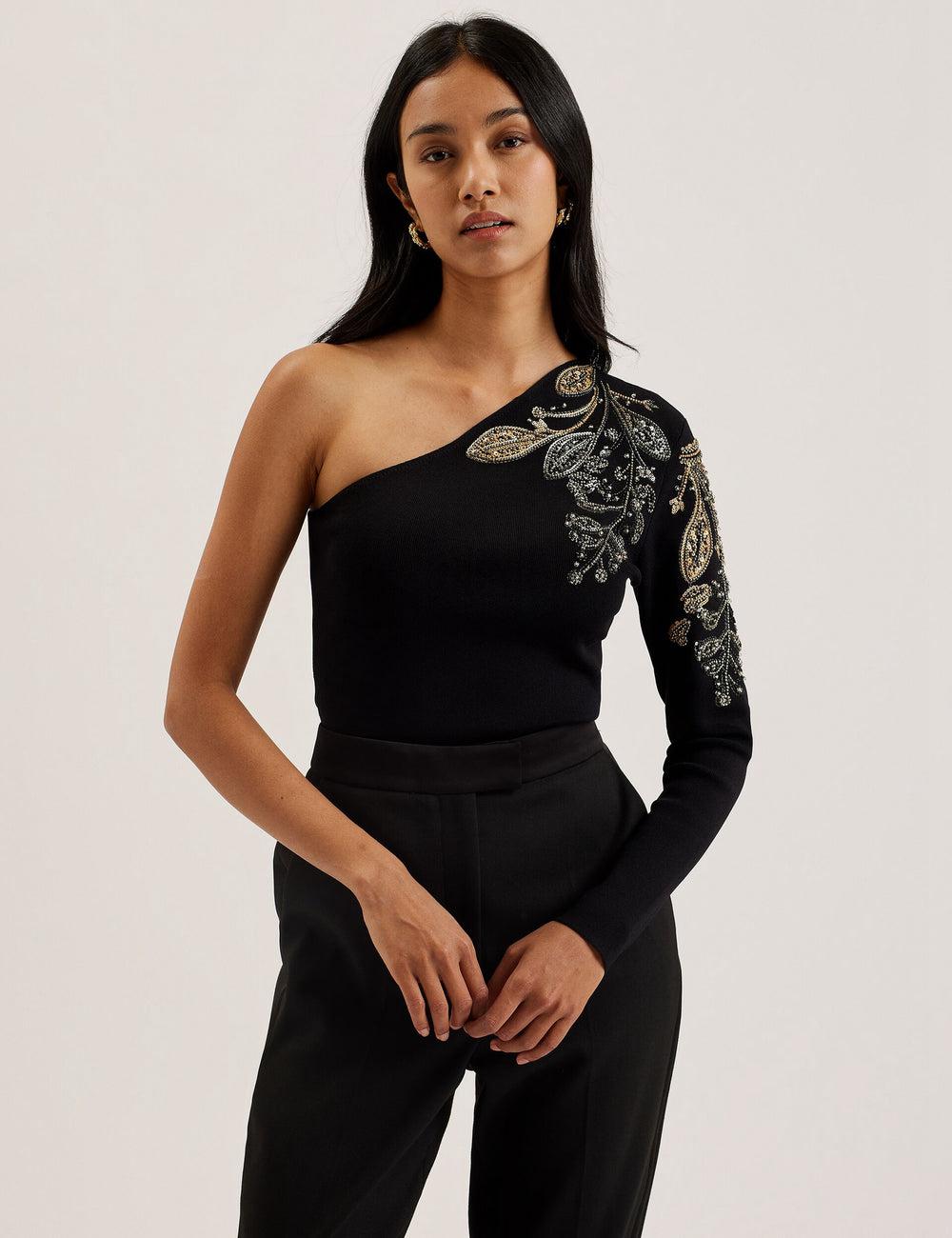 Black Ted Baker HEATHRR - One Shoulder Embellished Detail Women Tops | Ireland  6035-KUHEV