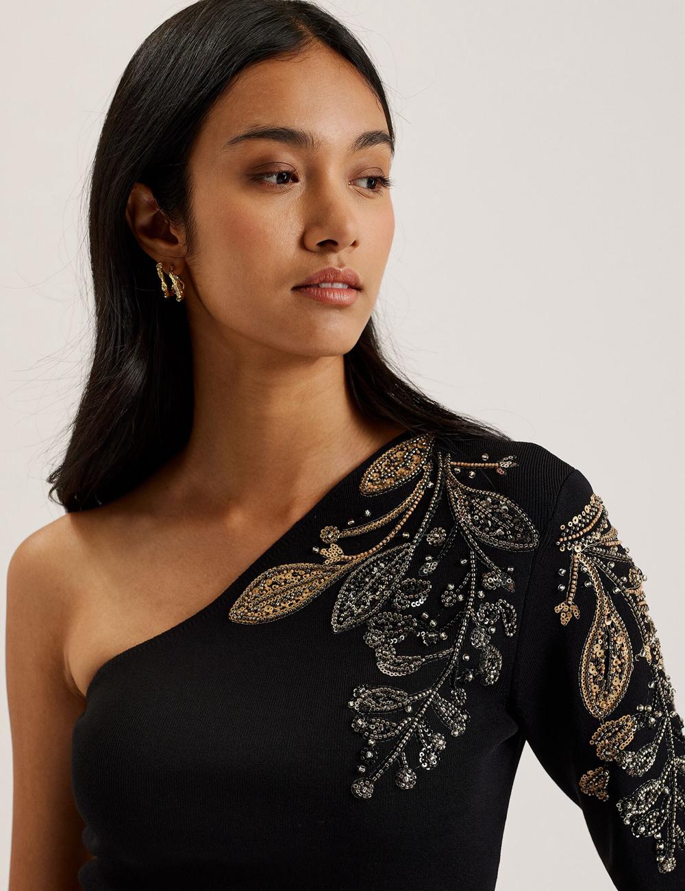 Black Ted Baker HEATHRR - One Shoulder Embellished Detail Women Tops | Ireland  6035-KUHEV