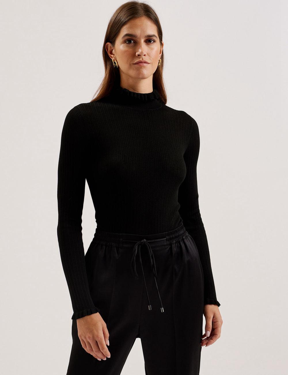 Black Ted Baker JANITTT - Ruffle Trim High Neck Ribbed Women Jumpers | Ireland  7691-KOFDE