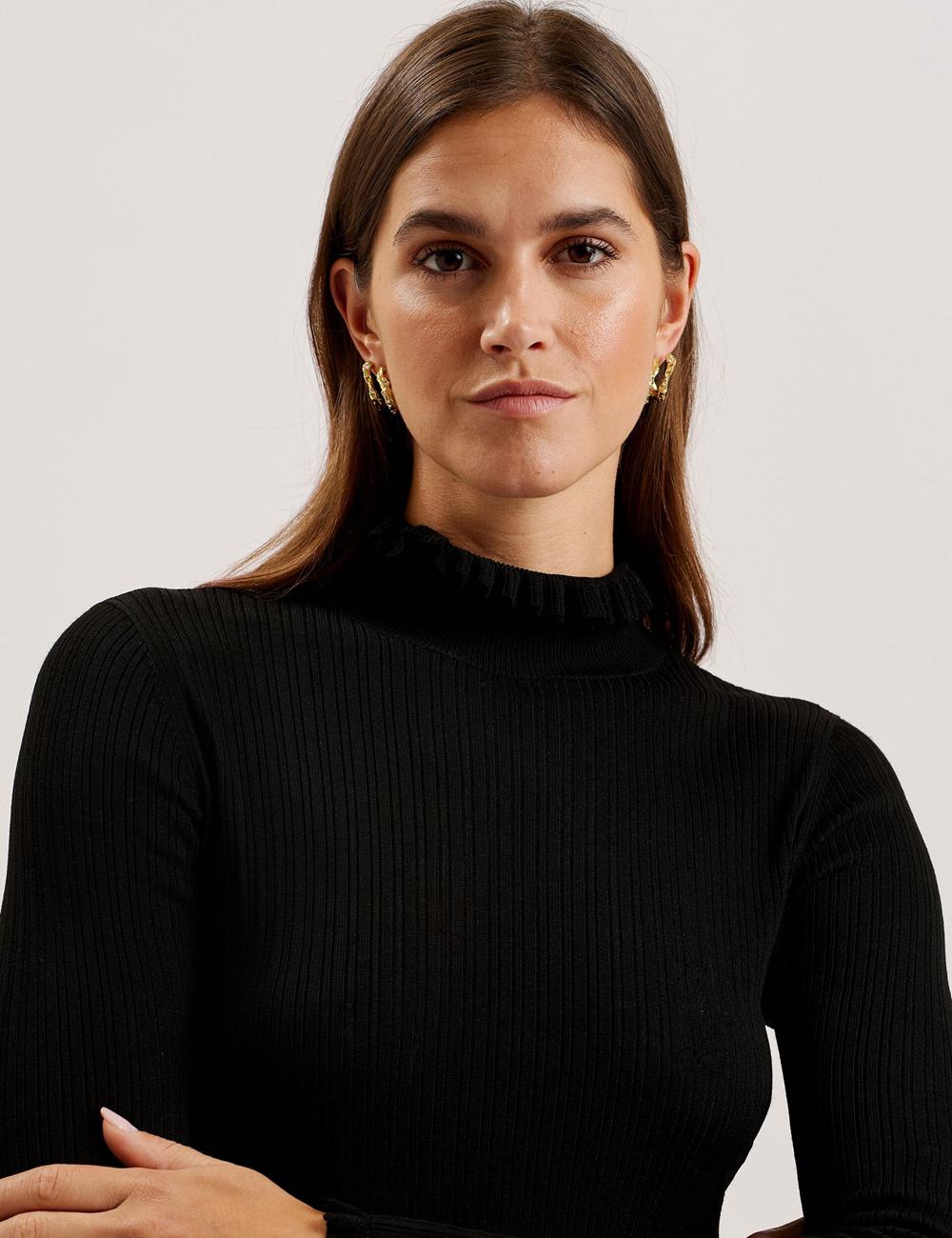 Black Ted Baker JANITTT - Ruffle Trim High Neck Ribbed Women Jumpers | Ireland  7691-KOFDE