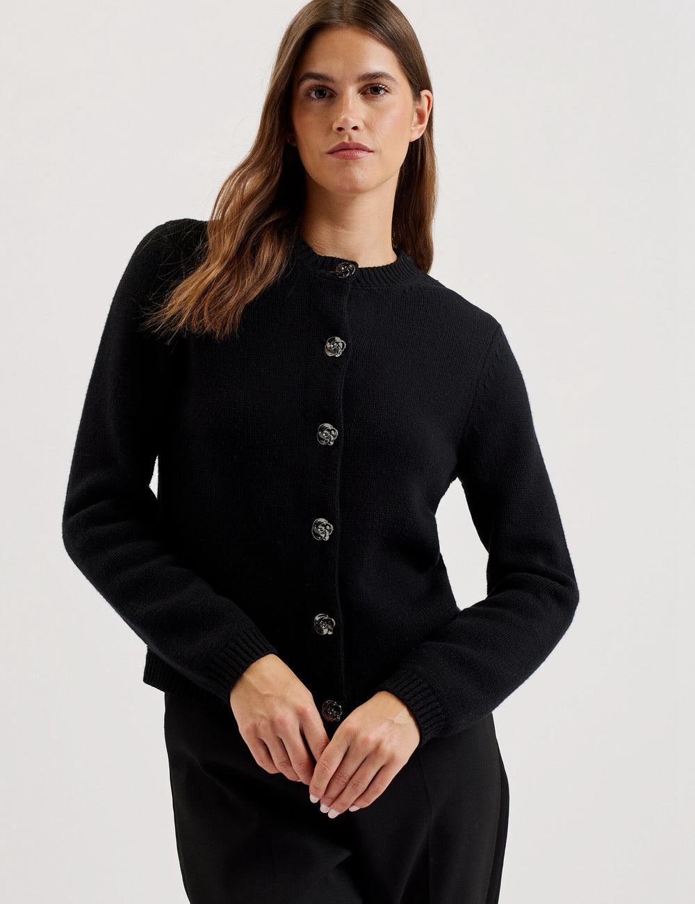 Black Ted Baker JAYCEY - Rose Button Knitted Crew Neck Women Cardigans | Ireland  4105-UXSNV