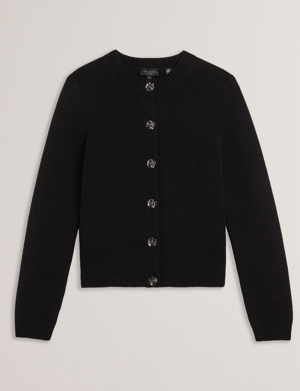 Black Ted Baker JAYCEY - Rose Button Knitted Crew Neck Women Cardigans | Ireland  4105-UXSNV
