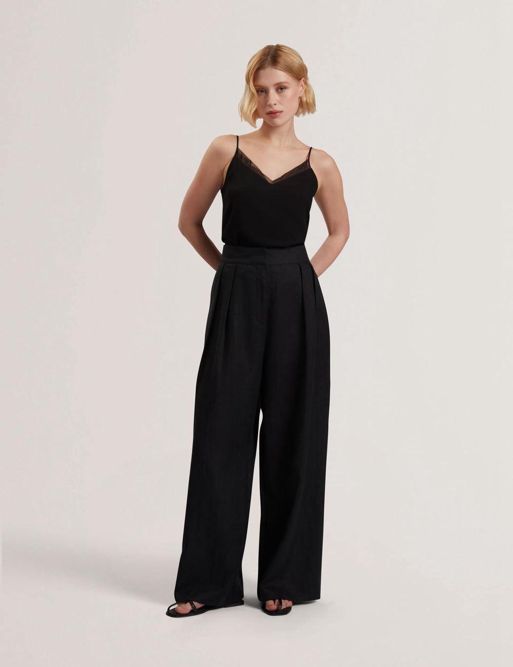 Black Ted Baker KYFAAT - Pure Linen Tailored Wide Leg Women Trousers | Ireland  8402-PGANS