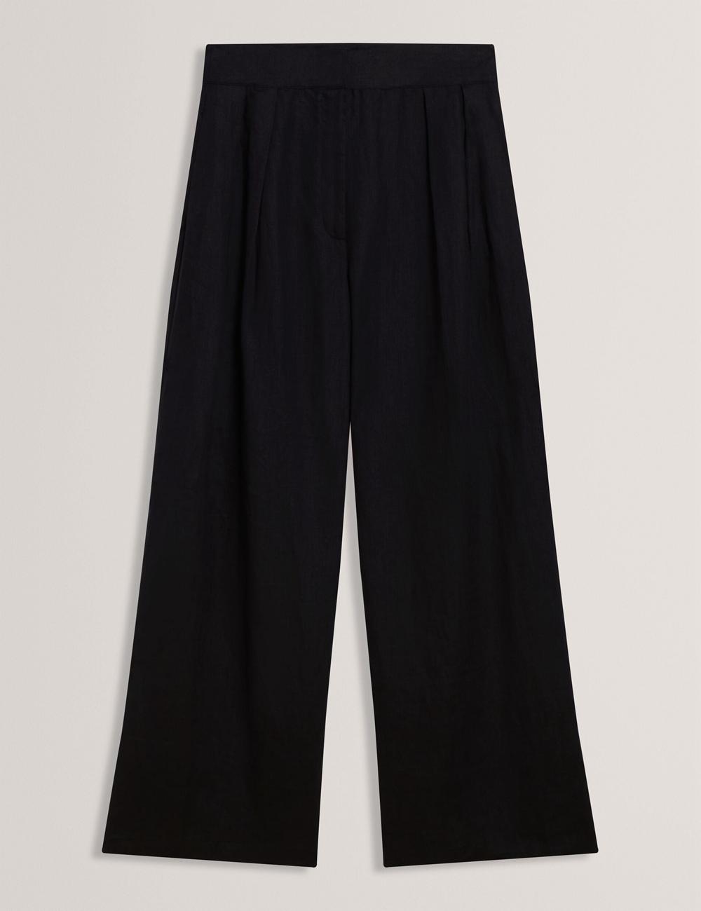 Black Ted Baker KYFAAT - Pure Linen Tailored Wide Leg Women Trousers | Ireland  8402-PGANS