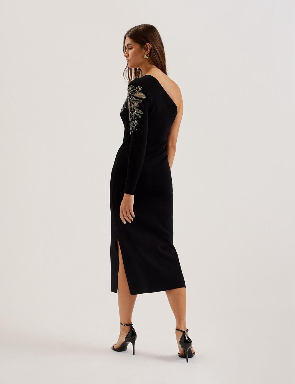 Black Ted Baker LIZYYY - One Shoulder Embellished Knit Women Midi Dresses | Ireland  3652-HAXLV