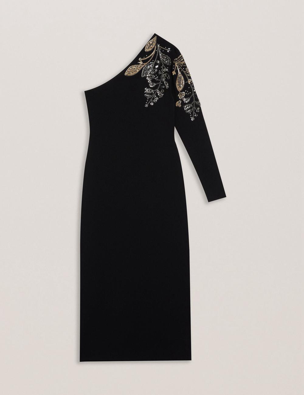 Black Ted Baker LIZYYY - One Shoulder Embellished Knit Women Midi Dresses | Ireland  3652-HAXLV