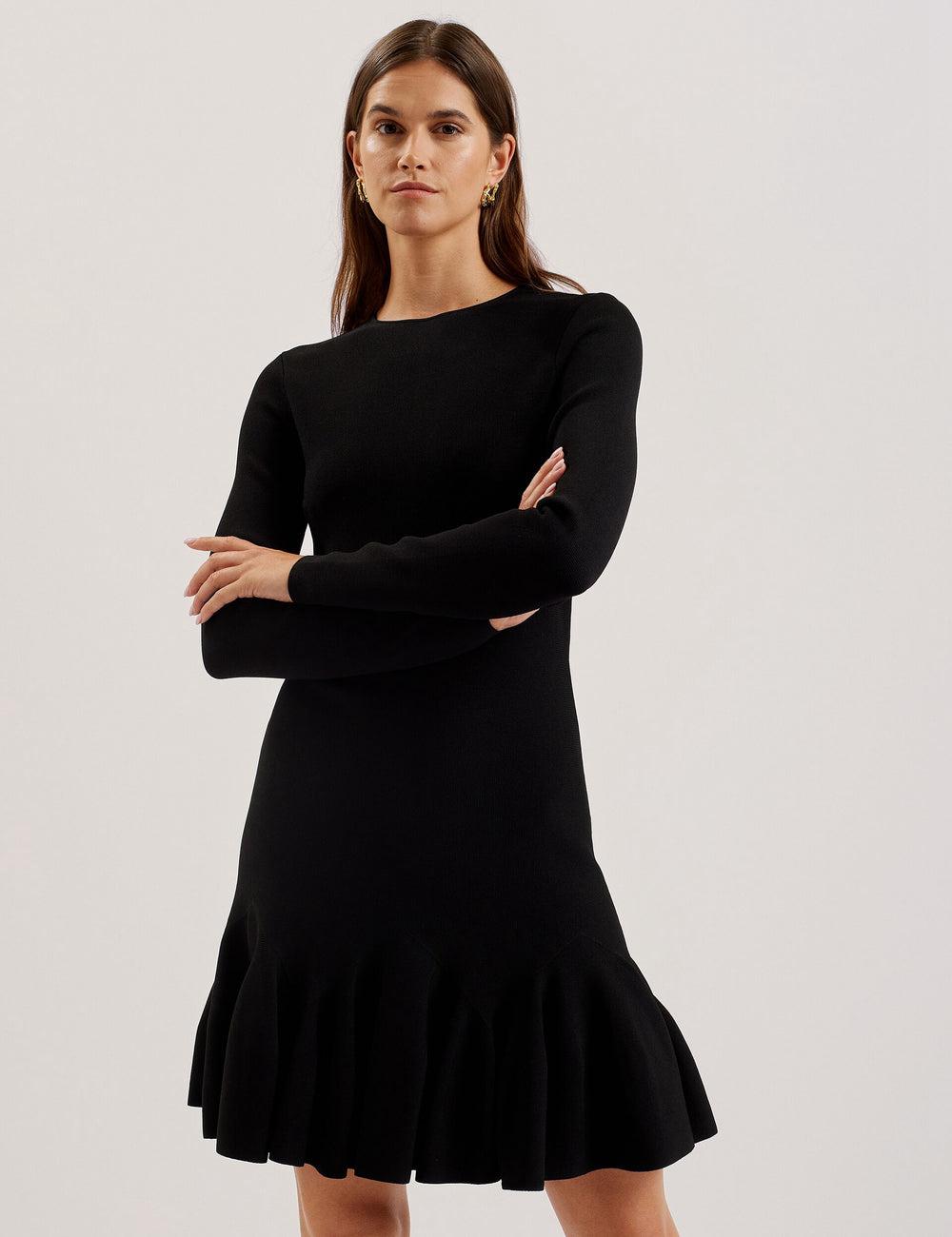 Black Ted Baker LOISSS - Flounce Hem Long Sleeve Knitted Women Mini Dresses | Ireland  5867-RWSHU