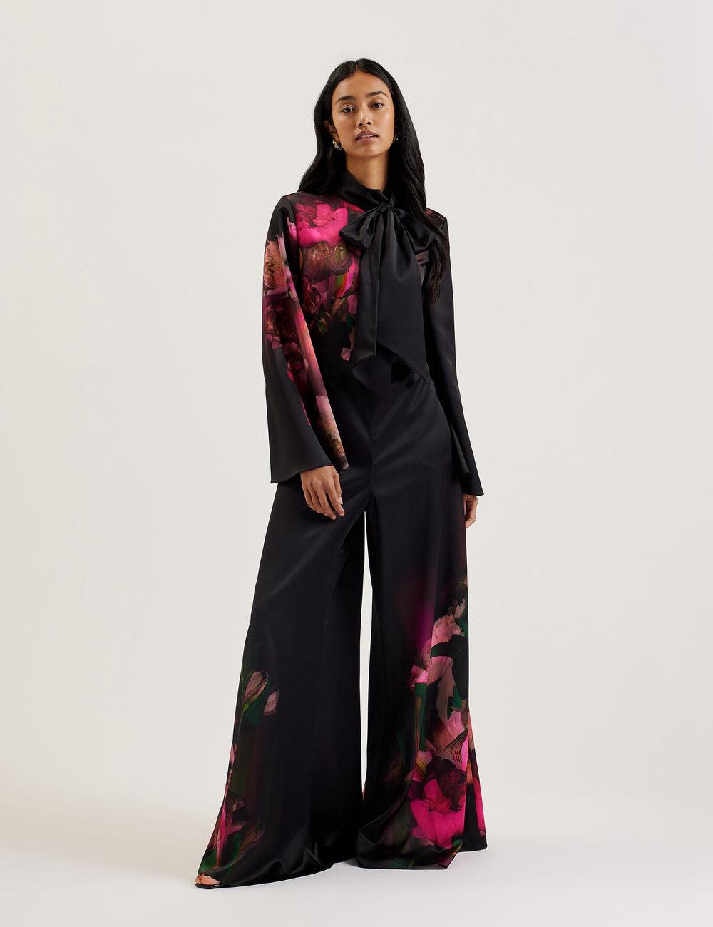 Black Ted Baker LOUSIOS - Printed Neck Wide Leg Women Jumpsuits | Ireland  7683-XMRHT