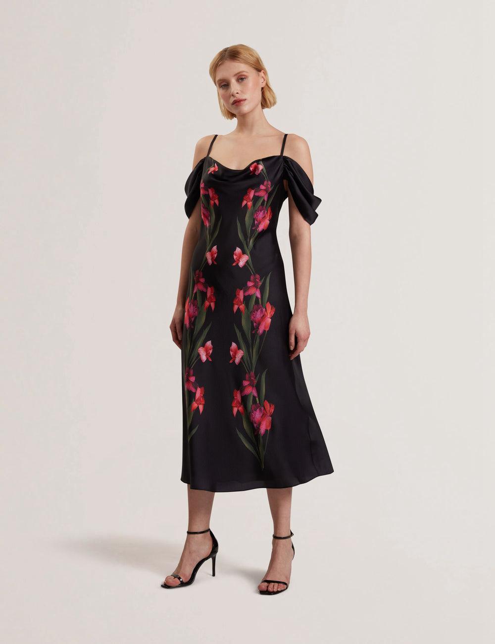 Black Ted Baker LUCERN - Floral Satin Off Shoulder Bias Women Midi Dresses | Ireland  6082-AWQCX