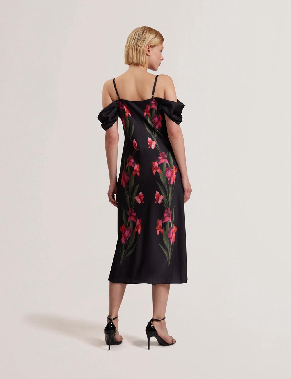 Black Ted Baker LUCERN - Floral Satin Off Shoulder Bias Women Midi Dresses | Ireland  6082-AWQCX