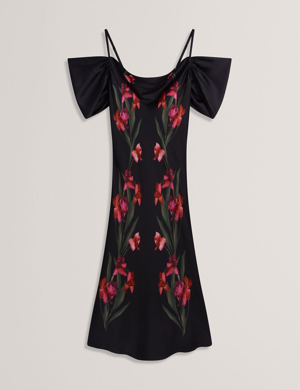 Black Ted Baker LUCERN - Floral Satin Off Shoulder Bias Women Midi Dresses | Ireland  6082-AWQCX