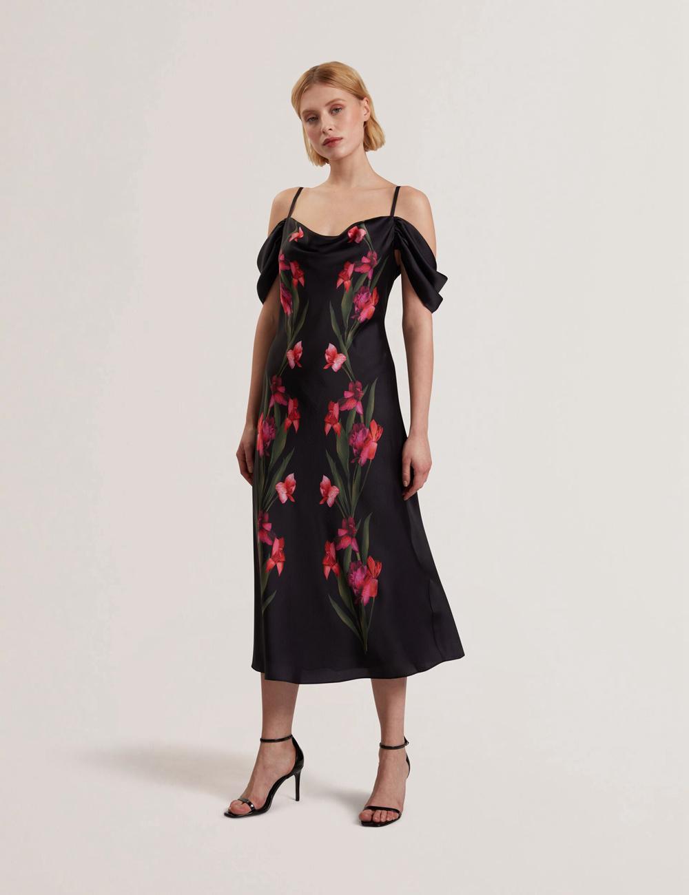 Black Ted Baker LUCERN - Floral Satin Off Shoulder Bias Women Midi Dresses | Ireland  6082-AWQCX