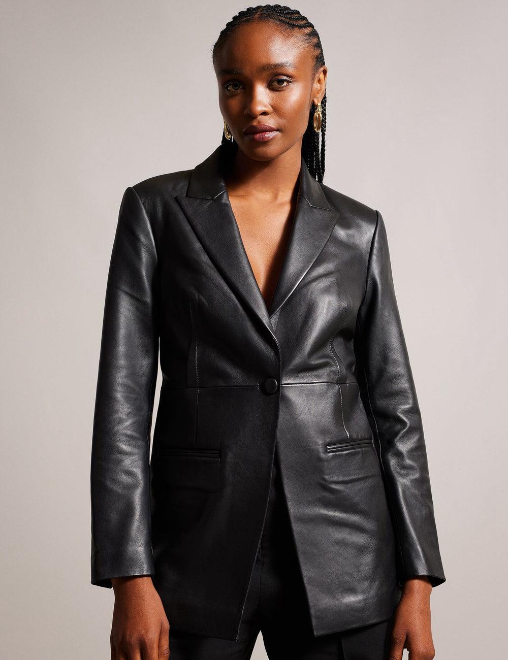 Black Ted Baker MELLIIE - Longline Single Breasted Leather Women Blazers | Ireland  0217-QBIKZ