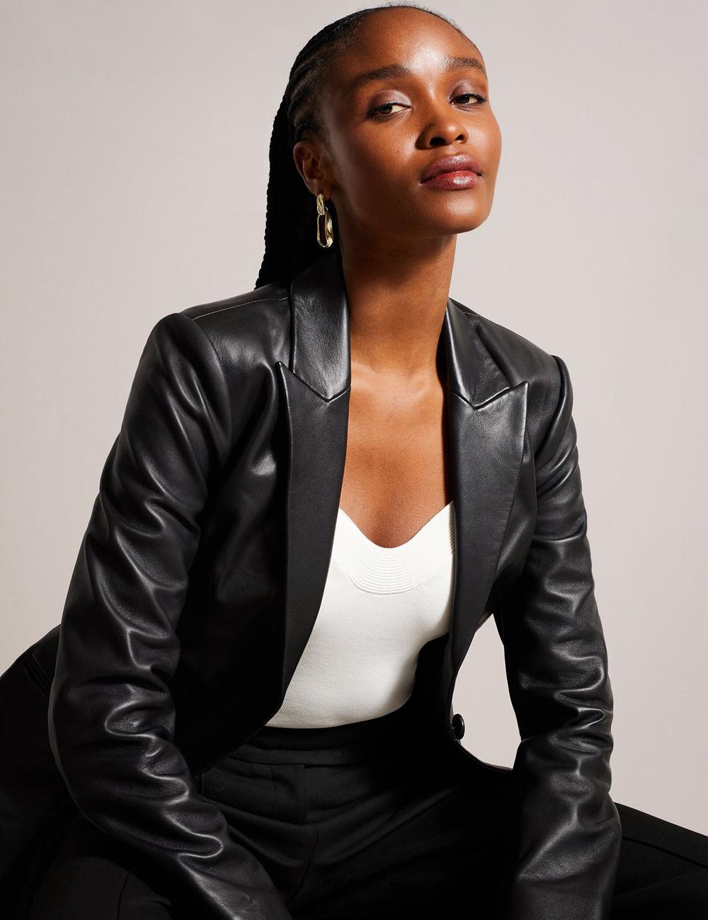 Black Ted Baker MELLIIE - Longline Single Breasted Leather Women Blazers | Ireland  0217-QBIKZ