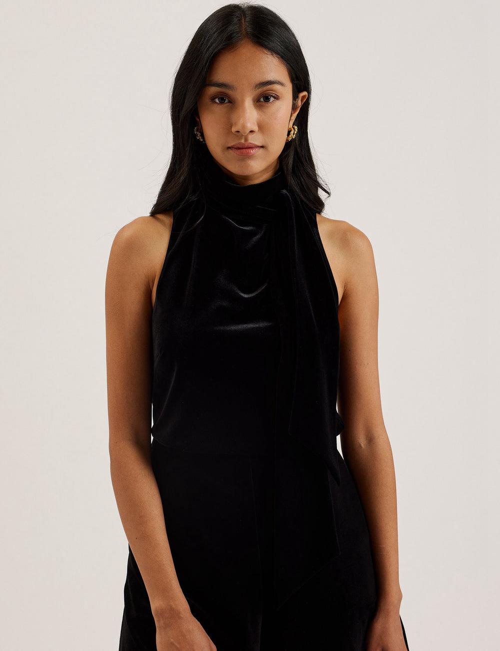 Black Ted Baker NALIAS - Velvet High Cowl Neck Sleeveless Women Tank Tops | Ireland  8921-MXERY