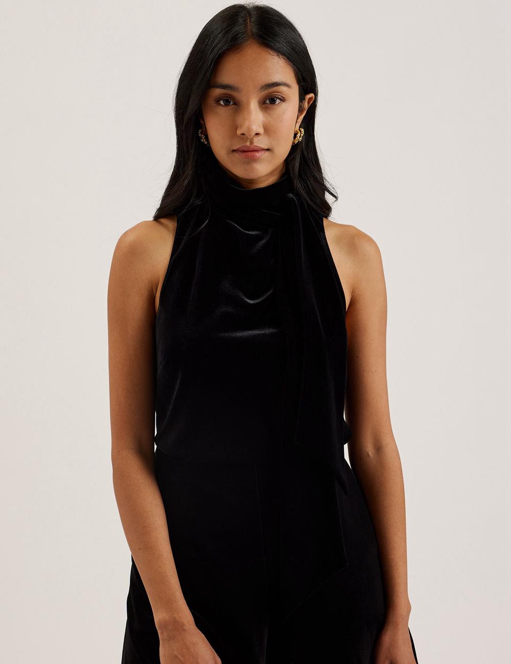 Black Ted Baker NALIAS - Velvet High Cowl Neck Sleeveless Women Tank Tops | Ireland  8921-MXERY