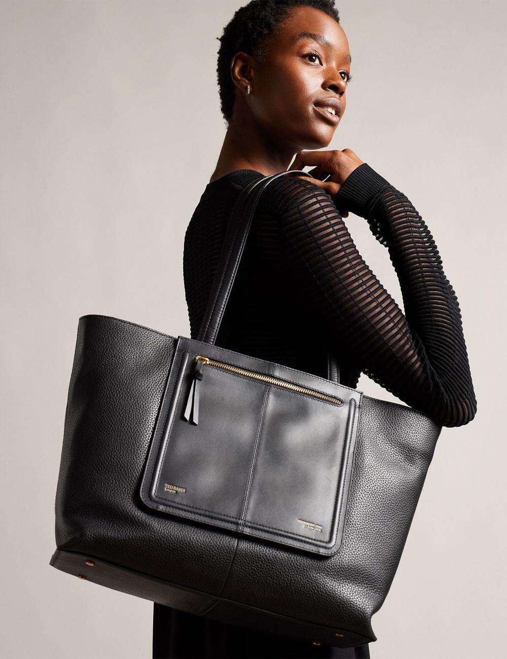 Black Ted Baker NISH - Wide Leather Shopper With Zip Pocket Women Shopper Bags | Ireland  6273-IRWJU
