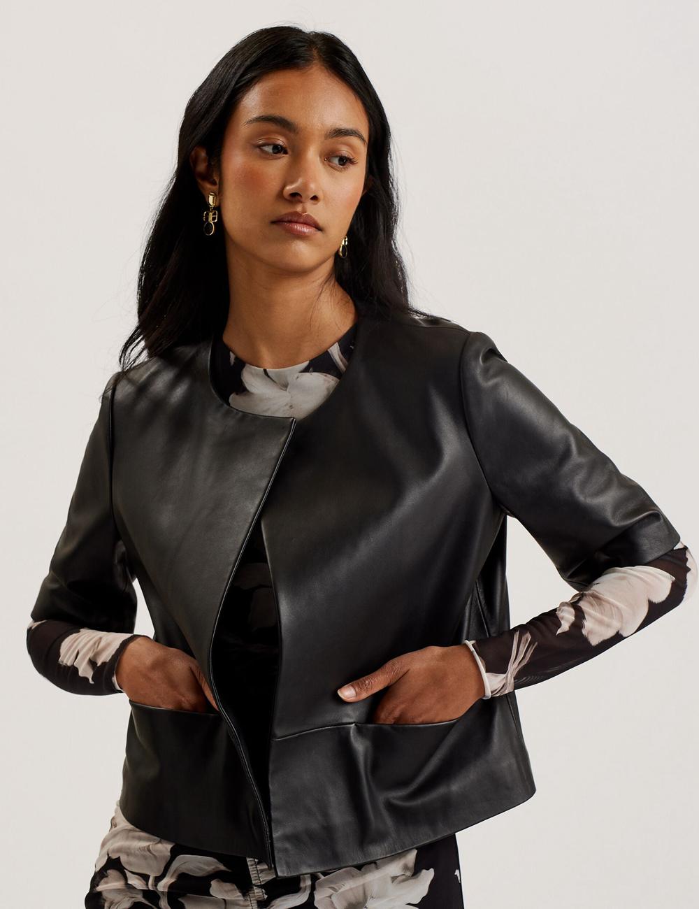 Black Ted Baker OBINO - Cropped Sleeve Open Leather Women Jackets | Ireland  9528-HGWJT