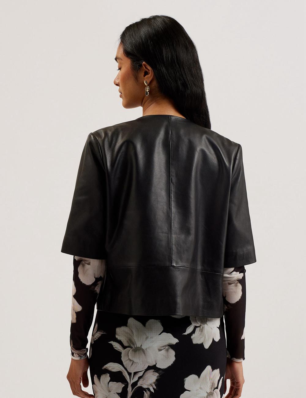 Black Ted Baker OBINO - Cropped Sleeve Open Leather Women Jackets | Ireland  9528-HGWJT
